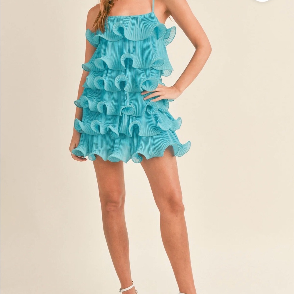 Mable (S) NWT AUSTYN blue ruffle tiered Bailey textured mini dress - Picture 3 of 7